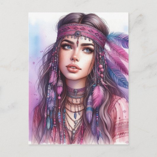 Boho Meisje AI Kunst Boheemse Mode Briefkaart (Voorkant)