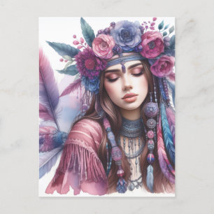 Boho Meisje AI Kunst Boheemse Mode Briefkaart