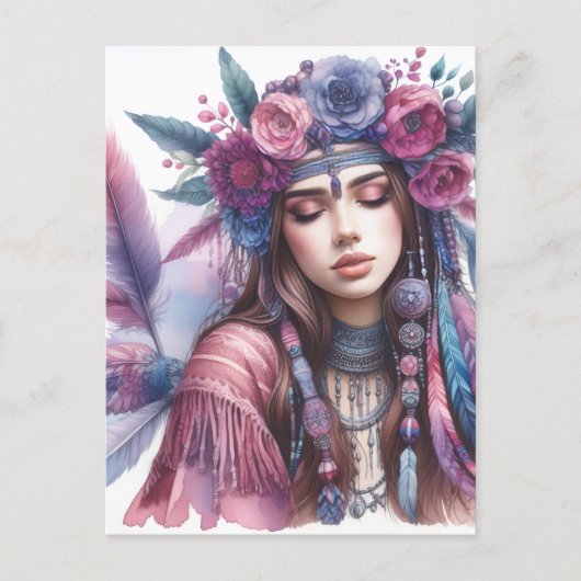 Boho Meisje AI Kunst Boheemse Mode Briefkaart (Voorkant)