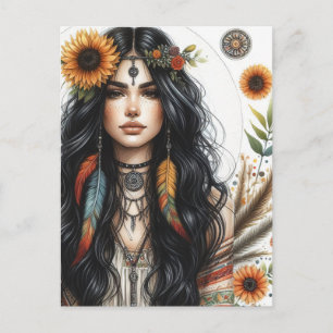 Boho Meisje AI Kunst Boheemse Mode Briefkaart
