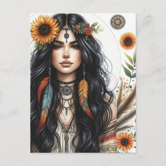 Boho Meisje AI Kunst Boheemse Mode Briefkaart (Voorkant)