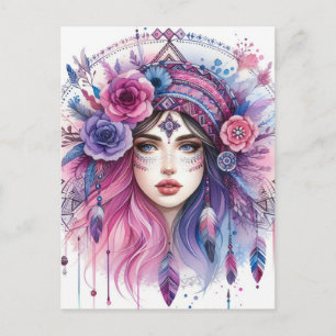 Boho Meisje AI Kunst Boheemse Mode Briefkaart