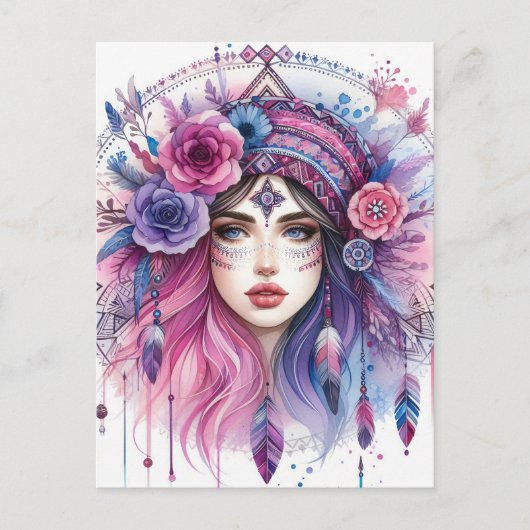 Boho Meisje AI Kunst Boheemse Mode Briefkaart (Voorkant)