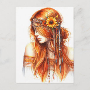 Boho Meisje AI Kunst Boheemse Mode Briefkaart