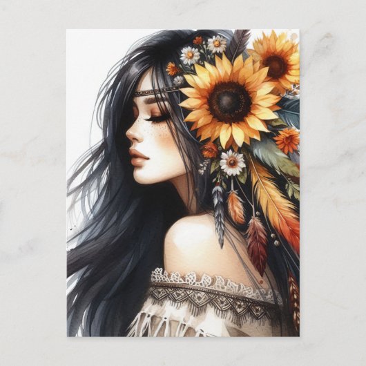 Boho Meisje AI Kunst Boheemse Mode Briefkaart (Voorkant)