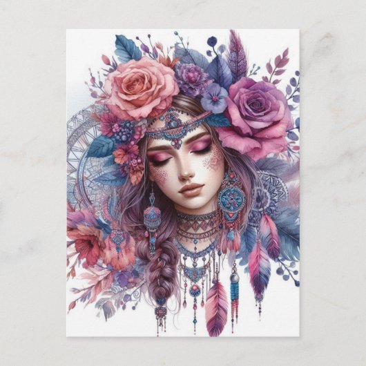 Boho Meisje AI Kunst Boheemse Mode Briefkaart (Voorkant)
