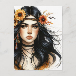Boho Meisje AI Kunst Boheemse Mode Briefkaart