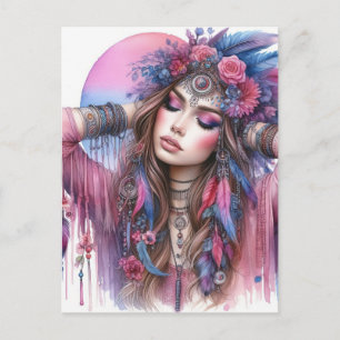 Boho Meisje AI Kunst Boheemse Mode Briefkaart