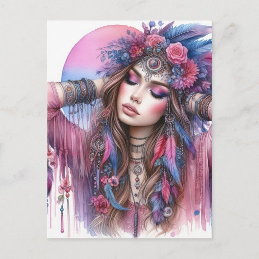 Boho Meisje AI Kunst Boheemse Mode Briefkaart (Voorkant)