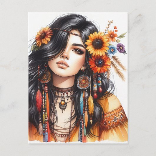 Boho Meisje AI Kunst Boheemse Mode Briefkaart (Voorkant)