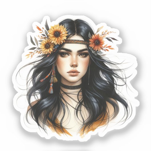 Boho Meisje AI Kunst Boheemse Mode Sticker (Voorkant)