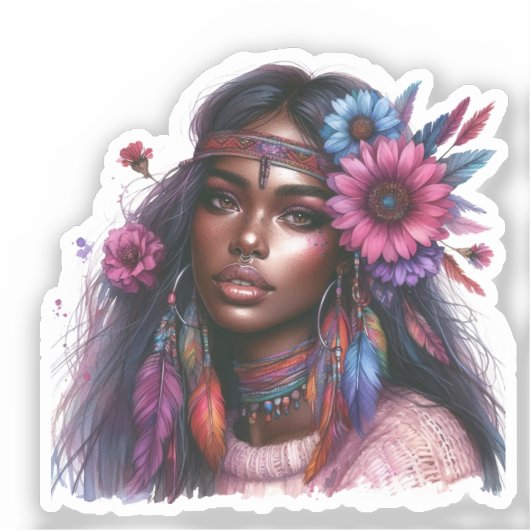Boho Meisje AI Kunst Boheemse Mode Sticker (Voorkant)