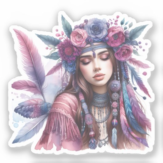 Boho Meisje AI Kunst Boheemse Mode Sticker (Voorkant)