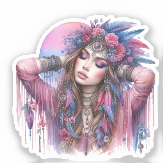Boho Meisje AI Kunst Boheemse Mode Sticker (Voorkant)