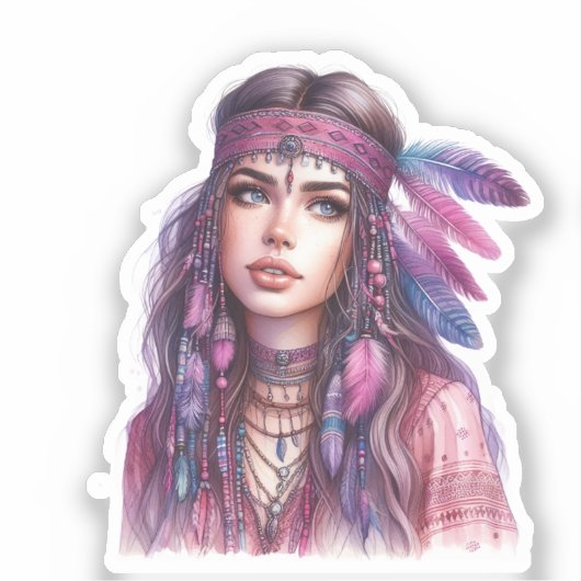 Boho Meisje AI Kunst Boheemse Mode Sticker (Voorkant)