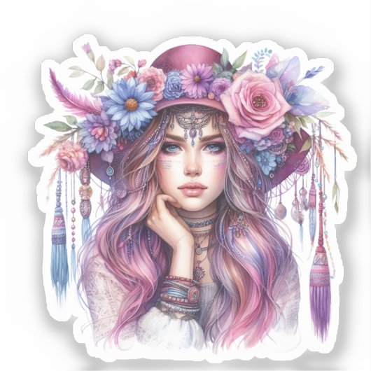 Boho Meisje AI Kunst Boheemse Mode Sticker (Voorkant)