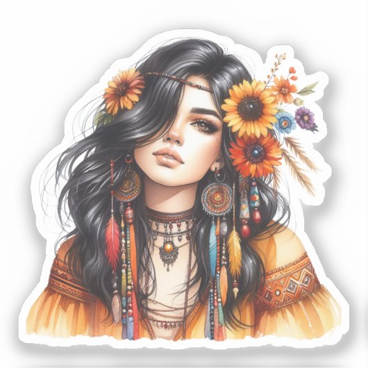 Boho Meisje AI Kunst Boheemse Mode Sticker (Voorkant)