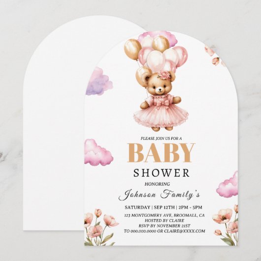 boho Meisje roze Babyshower Uitnodiging Beer (Voorkant / Achterkant)