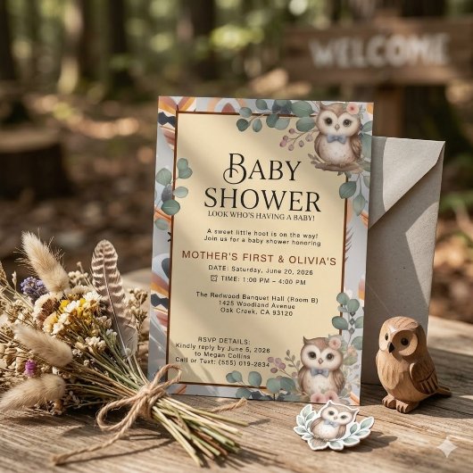 Boho Meisje Uil Baby Shower Uitnodiging