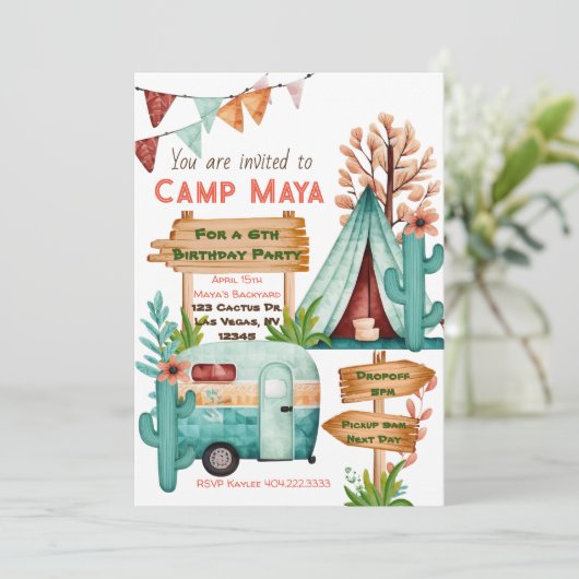 Boho-meisjes kampeer-slaperijfeest uitnodiging (Staand voorkant)