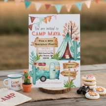 Boho-meisjes kampeer-slaperijfeest uitnodiging