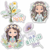 Boho Meisjes met Daisies Custom-Cut Vinyl Sticker (Voorkant)