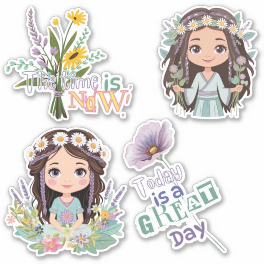 Boho Meisjes met Daisies Custom-Cut Vinyl Sticker (Voorkant)