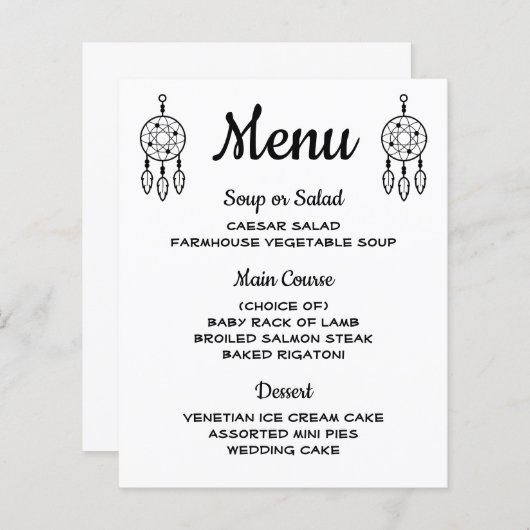 Boho Menu Drocatcher Black White Weddenproces (Voorkant / Achterkant)