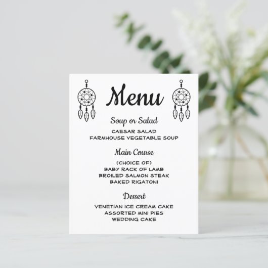 Boho Menu Drocatcher Black White Weddenproces (Staand voorkant)