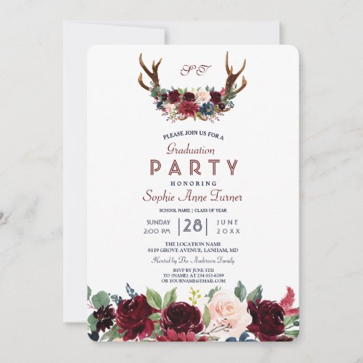 Boho Merlot Navy Blauw Bloemendesign met Geweien A Kaart (Voorkant)