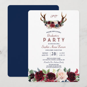 Boho Merlot Navy Blauw Bloemendesign met Geweien A Kaart