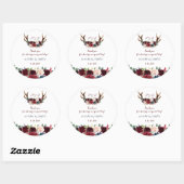 Boho Merlot Navy Blauwe Bloemige Geweien Bruiloft Ronde Sticker (Vel)
