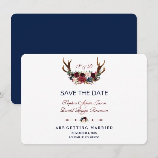 Boho Merlot Navy Blauwe Bloemige Geweien Save The  Date (Voorkant / Achterkant)