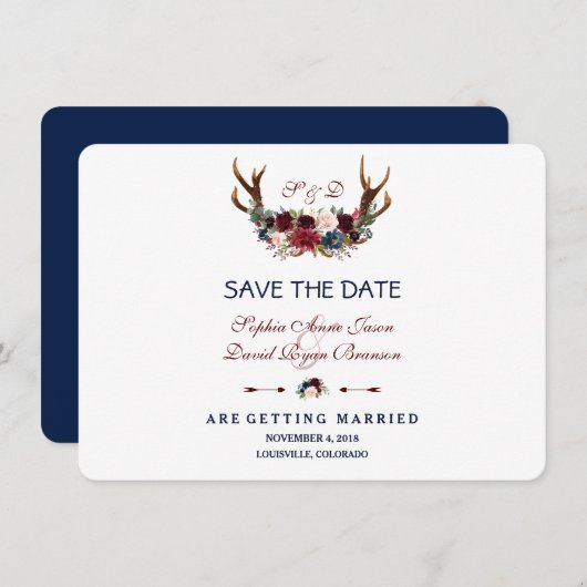 Boho Merlot Navy Blauwe Bloemige Geweien Save The  Save The Date (Voorkant / Achterkant)