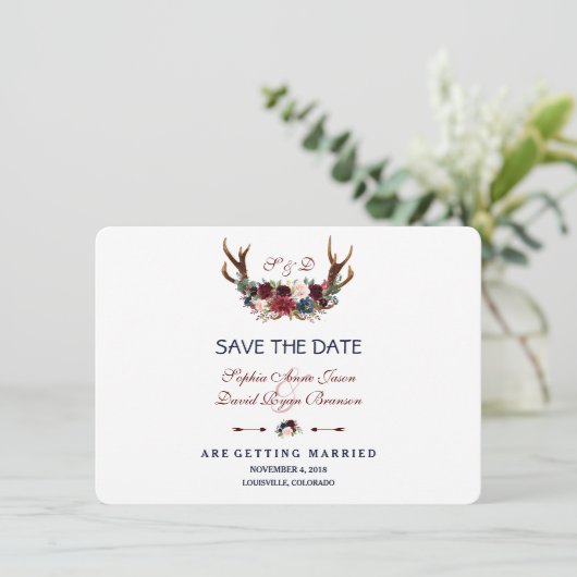 Boho Merlot Navy Blauwe Bloemige Geweien Save The  Save The Date (Staand voorkant)