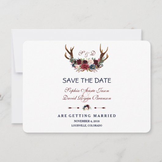 Boho Merlot Navy Blauwe Bloemige Geweien Save The Save The Date (Voorkant)