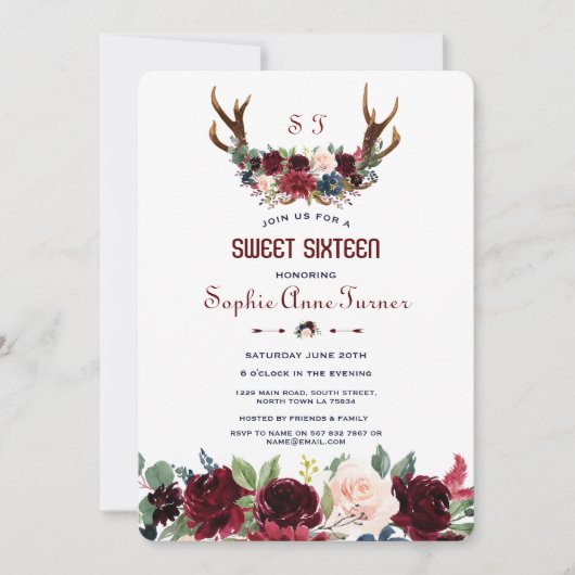 Boho Merlot Navy Blauwe Bloemige Geweien Sweet 16 Kaart (Voorkant)