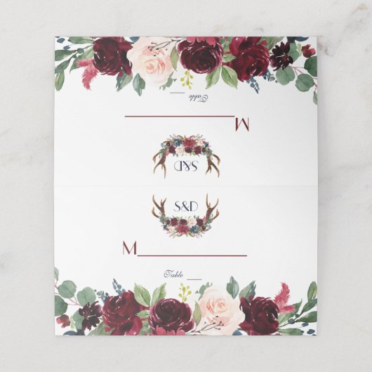 Boho Merlot Navy Blauwe Bloemstukken en Geweien Ta Plaatskaartje (Buitenkant ongevouwen)