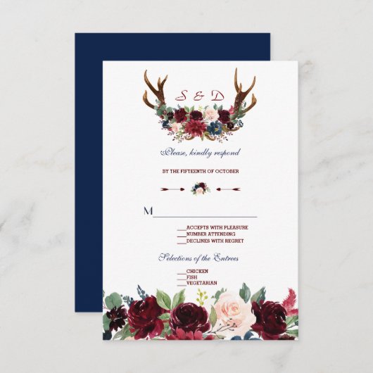 Boho Merlot Navy Blauwe Bloemstukken met Geweien T RSVP Kaartje (Voorkant / Achterkant)