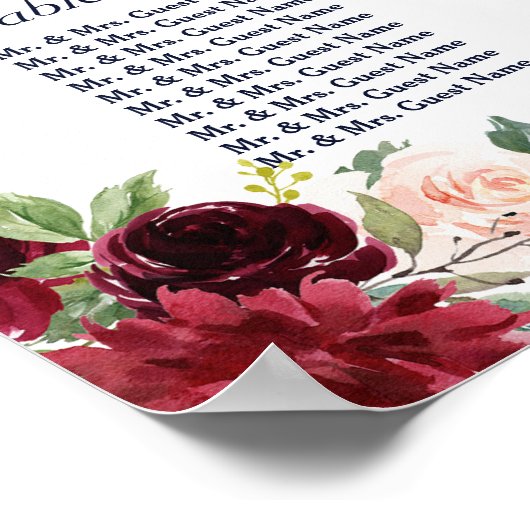 Boho Merlot Navy Blauwe Bloemstukken Stoelindeling Poster (Hoek)