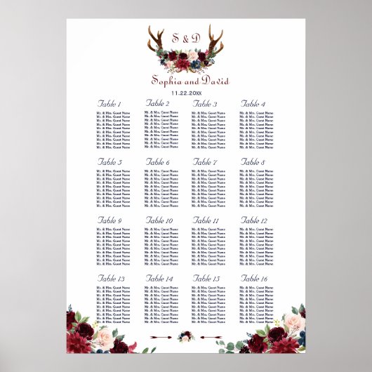 Boho Merlot Navy Blauwe Bloemstukken Stoelindeling Poster (Voorkant)