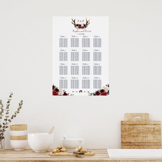 Boho Merlot Navy Blauwe Bloemstukken Stoelindeling Poster (Keuken)