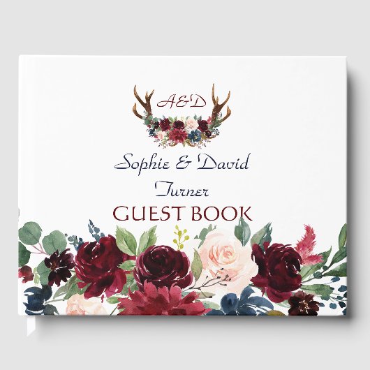 Boho Merlot Navy Blue Floral Antlers Weddenschap Gastenboek (Voorkant)
