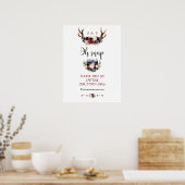 Boho Merlot Navy Blue Floral Antlers Weddenschap Poster (Keuken)