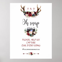 Boho Merlot Navy Blue Floral Antlers Weddenschap Poster