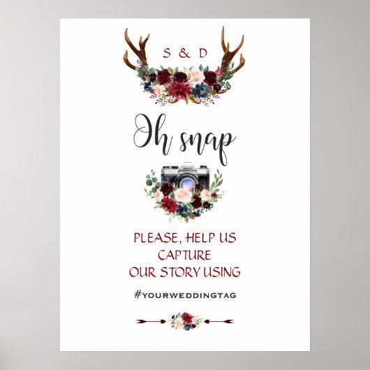 Boho Merlot Navy Blue Floral Antlers Weddenschap Poster (Voorkant)