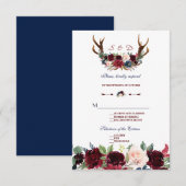 Boho Merlot Navy Blue Floral Antlers Weddenschap R RSVP Kaartje (Voorkant / Achterkant)