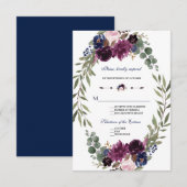 Boho Merlot Navy Blue Floral Antlers Weddenschap R RSVP Kaartje (Voorkant / Achterkant)