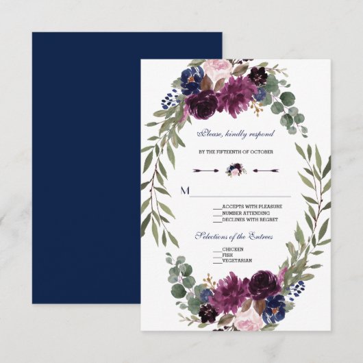 Boho Merlot Navy Blue Floral Antlers Weddenschap R RSVP Kaartje (Voorkant / Achterkant)