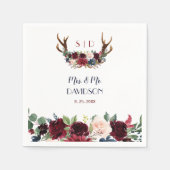 Boho Merlot Navy Blue Floral Antlers Weddenschap Servet (Voorkant)